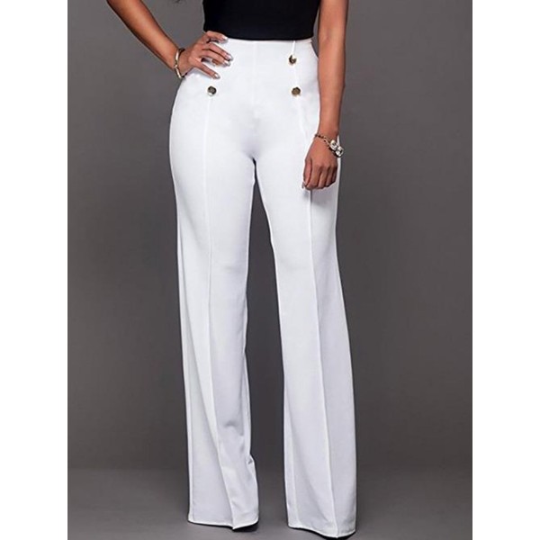 Plain High-Waist Button Loose Full Length Patchwork Women's Pants