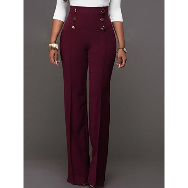 Plain High-Waist Button Loose Full Length Patchwork Women's Pants