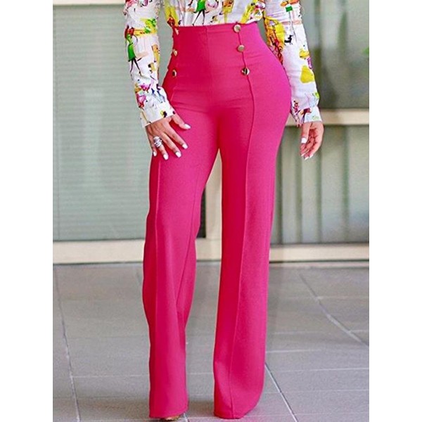 Plain High-Waist Button Loose Full Length Patchwork Women's Pants