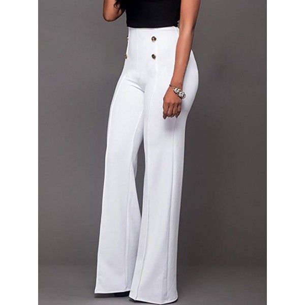 Plain High-Waist Button Loose Full Length Patchwork Women's Pants