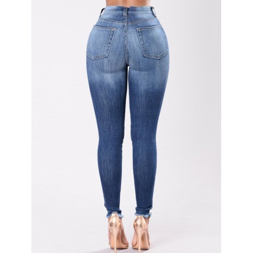 Elastic Skinny Tassel Hole Embroidery Pencil Pants Jeans