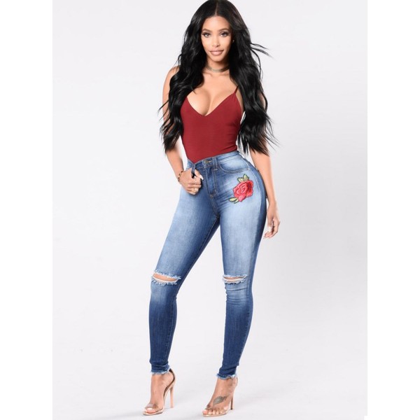 Elastic Skinny Tassel Hole Embroidery Pencil Pants Jeans