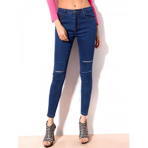 Button Hole Trim Short Zipper Plain Jeans
