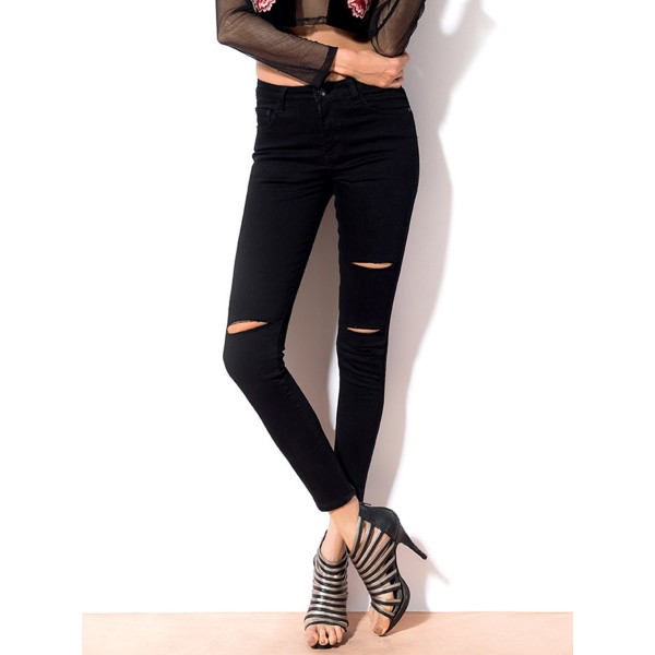 Button Hole Trim Short Zipper Plain Jeans