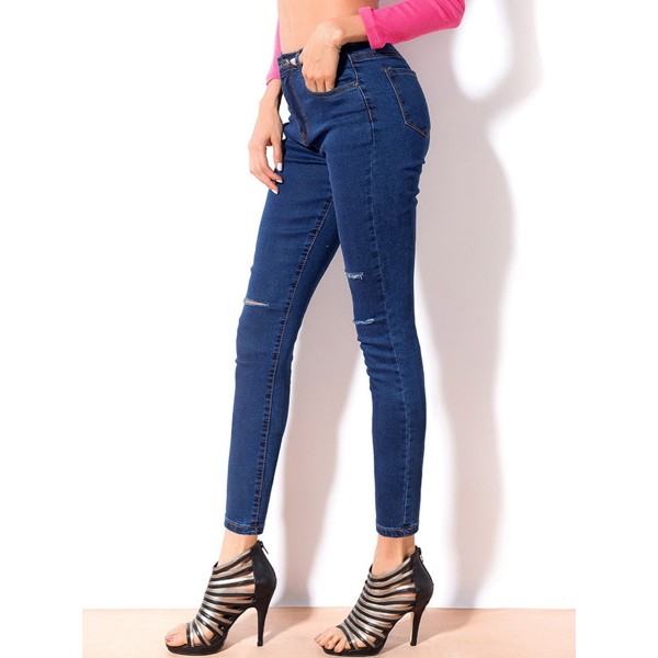Button Hole Trim Short Zipper Plain Jeans
