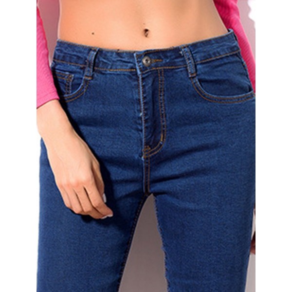 Button Hole Trim Short Zipper Plain Jeans