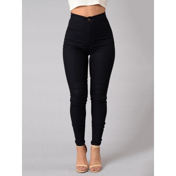 High Waist Button Plain Slim Pencil Pants