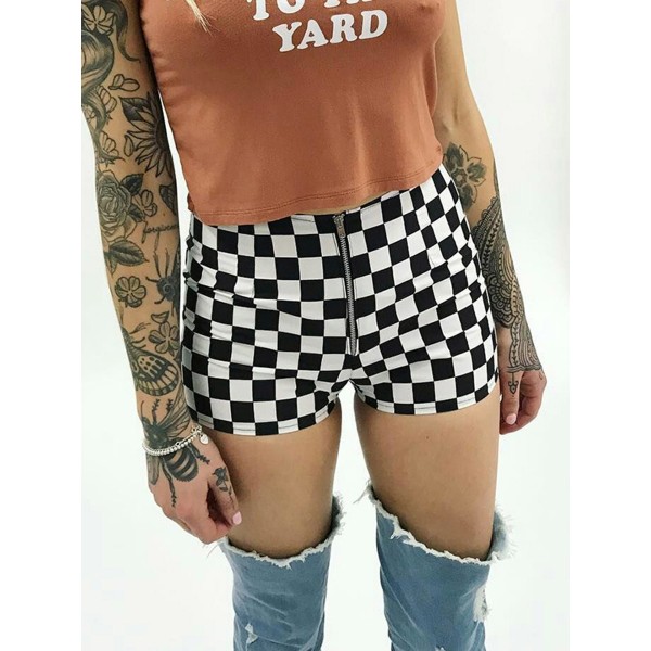 Grid Zipper Color Block Women's Shorts