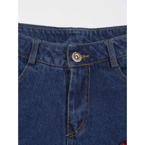 Denim Floral Embroidery Slim Fit Women's Shorts