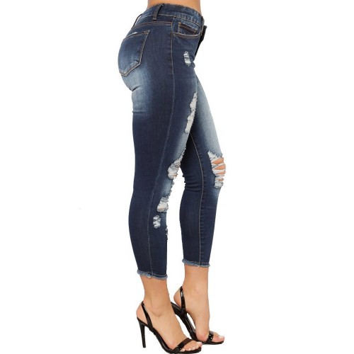 High Elastic Hole Denim Casual Pants