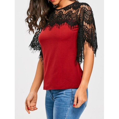 Lace Splicing Hollow Flare Sleeves Women's T-shirt