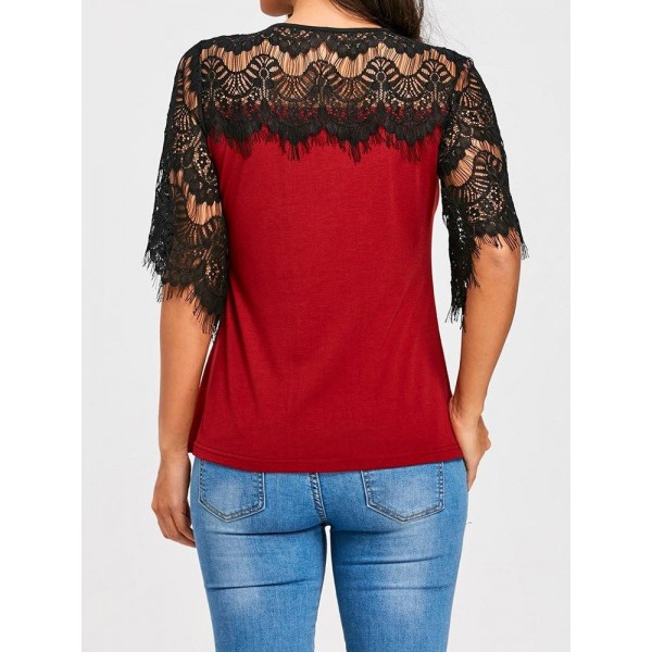 Lace Splicing Hollow Flare Sleeves Women's T-shirt