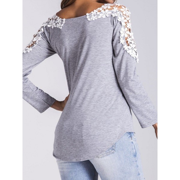 Long Sleeve V-Neck Lace Shoulder Women's T-shirt