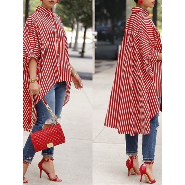Stripe Irregular Swing Lapel Women's Shirt