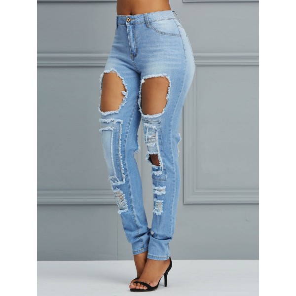 High-Waist Denim Hole Jeans