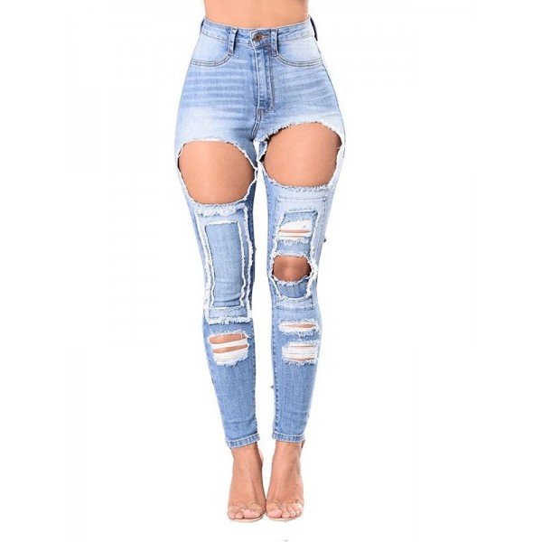 High-Waist Denim Hole Jeans