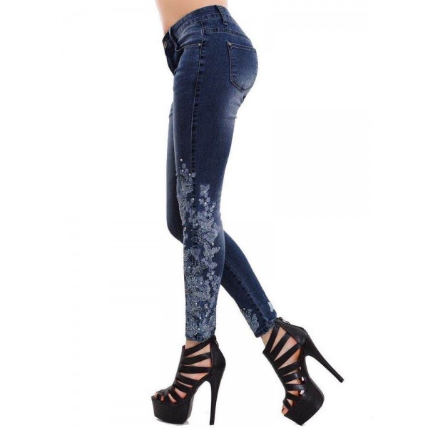 Elastic Lace Splicing Embroider Women's Jeans