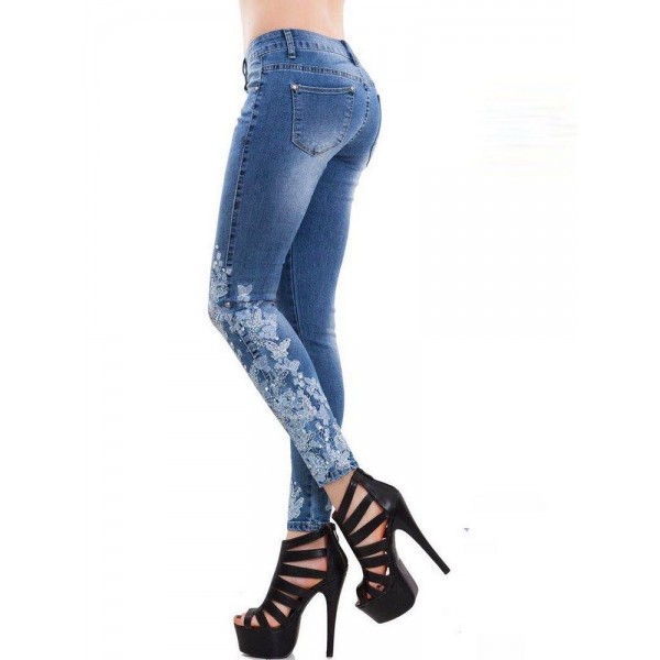 Elastic Lace Splicing Embroider Women's Jeans