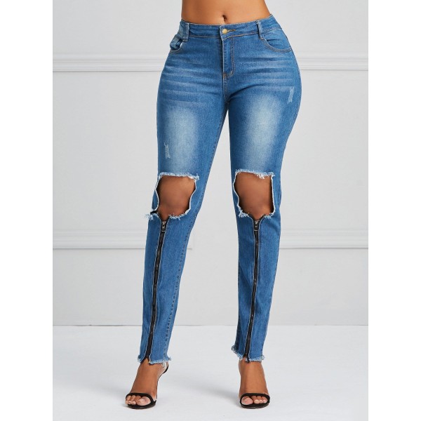 Hole Zipper Print Je...