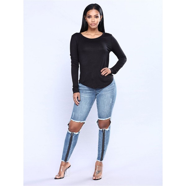 Hole Zipper Print Jeans
