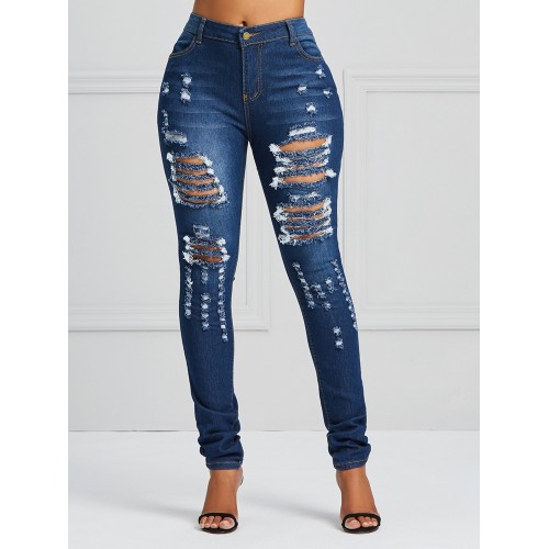 High-Waist Hole Stretchy Jeans