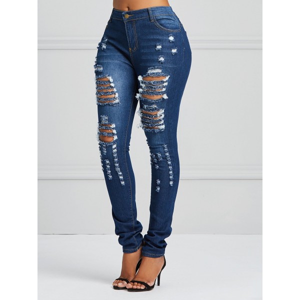 High-Waist Hole Stretchy Jeans