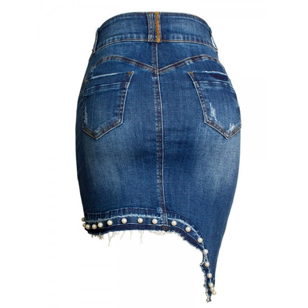 Denim Ripped Bead Asymmetric Women's Bodycon Skirt