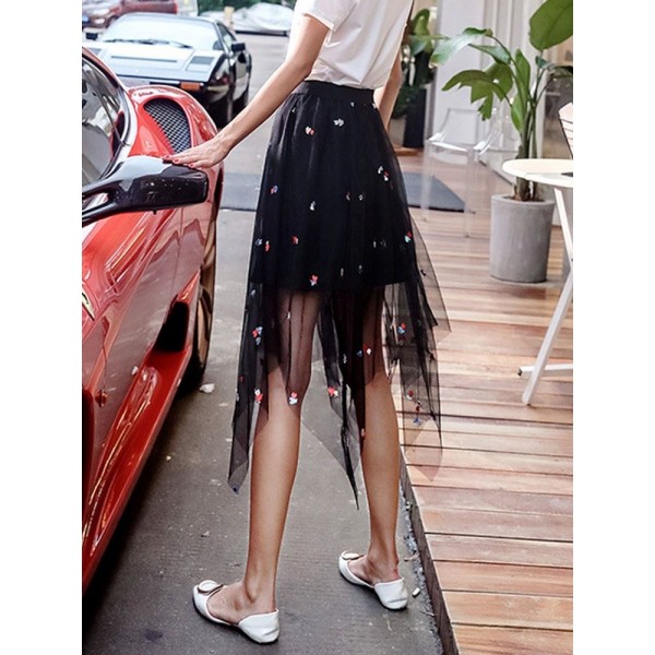Irrgual Embroidery Floral Skirt