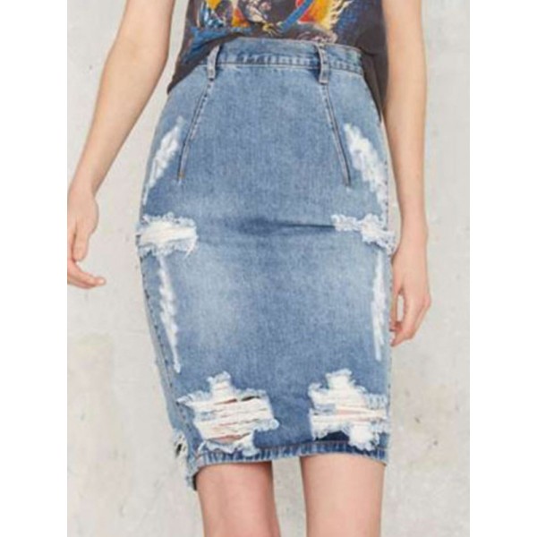 Broken Hole Distressed Lightly Washed Bodycon Skirt