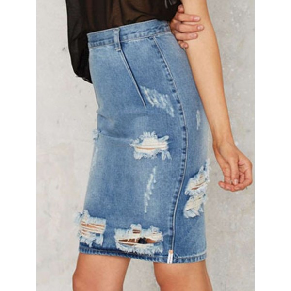Broken Hole Distressed Lightly Washed Bodycon Skirt