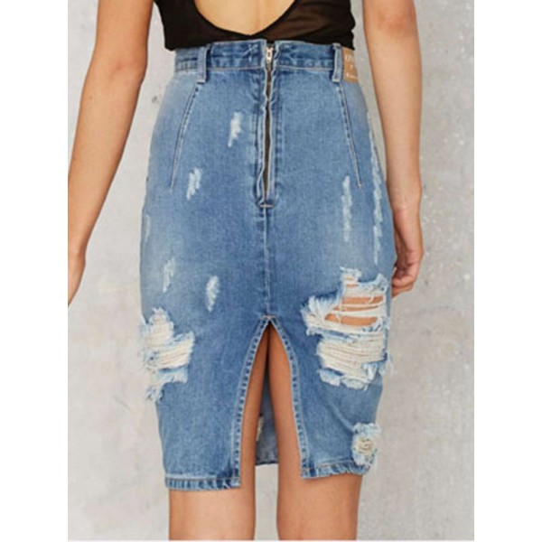 Broken Hole Distressed Lightly Washed Bodycon Skirt