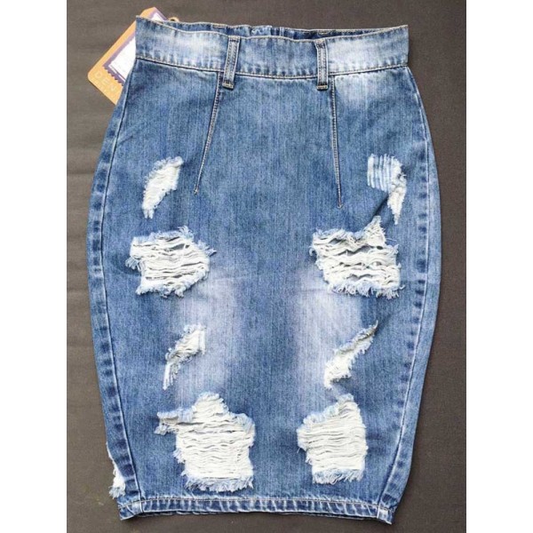 Broken Hole Distressed Lightly Washed Bodycon Skirt