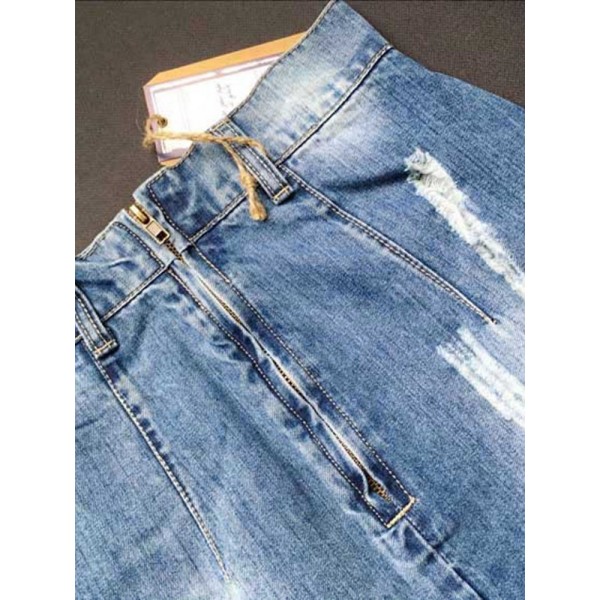 Broken Hole Distressed Lightly Washed Bodycon Skirt