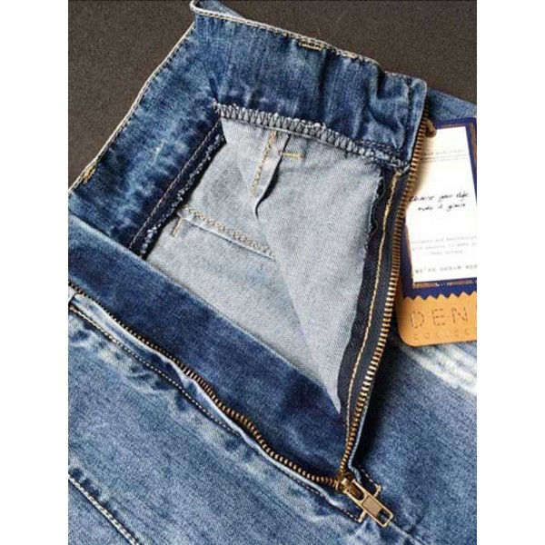 Broken Hole Distressed Lightly Washed Bodycon Skirt