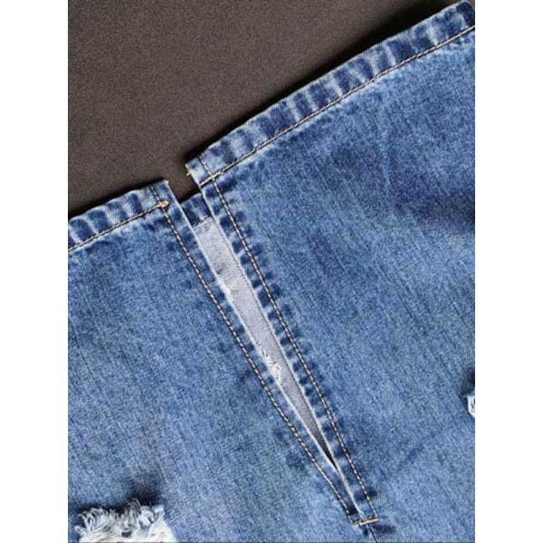 Broken Hole Distressed Lightly Washed Bodycon Skirt