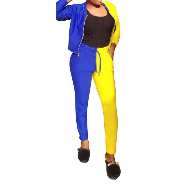 Fashion Zipper Patchwork Coat and Pants Casual Suit