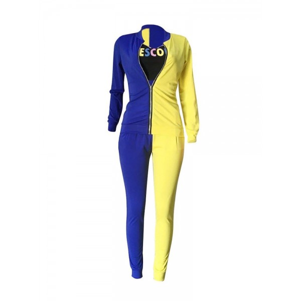 Fashion Zipper Patchwork Coat and Pants Casual Suit
