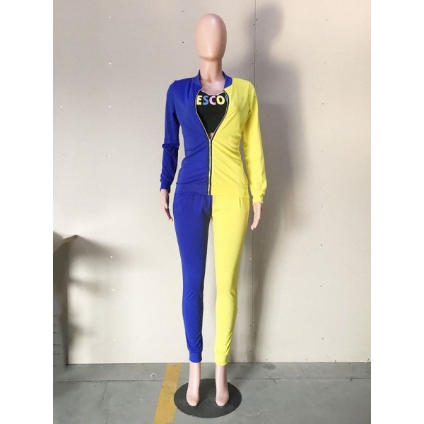 Fashion Zipper Patchwork Coat and Pants Casual Suit