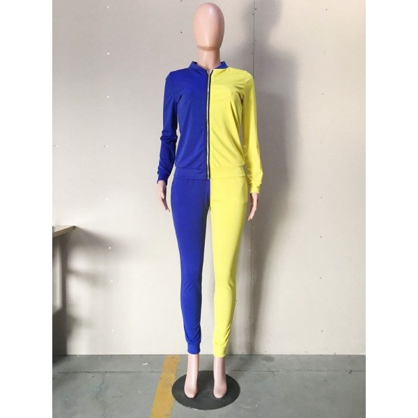 Fashion Zipper Patchwork Coat and Pants Casual Suit
