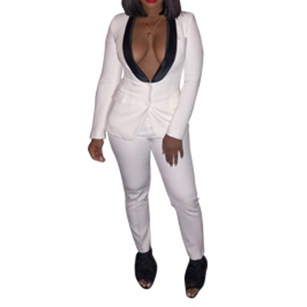 Fashion Patchwork V-Neck Blazer+Pants Suit
