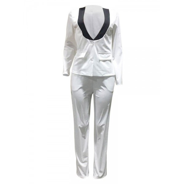 Fashion Patchwork V-Neck Blazer+Pants Suit