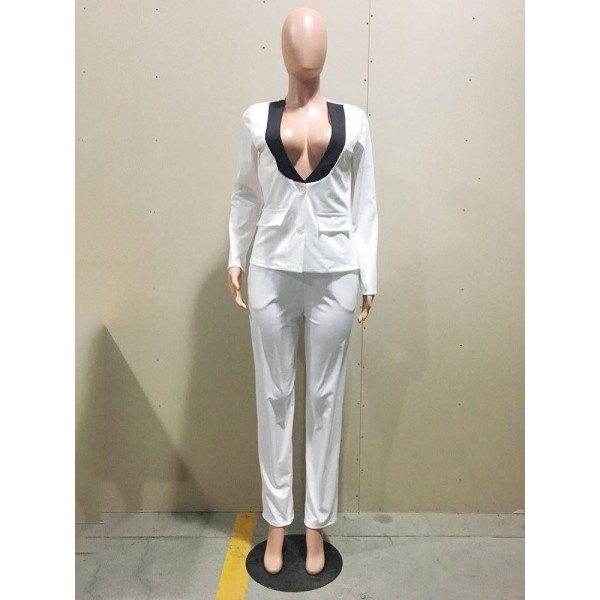 Fashion Patchwork V-Neck Blazer+Pants Suit