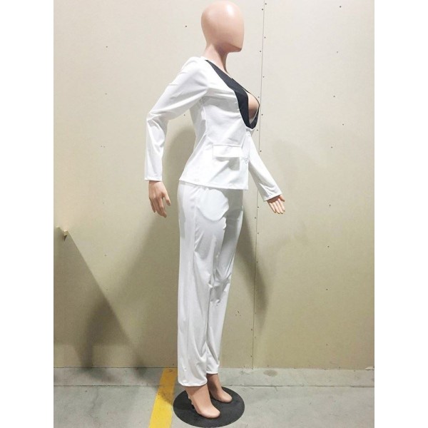 Fashion Patchwork V-Neck Blazer+Pants Suit