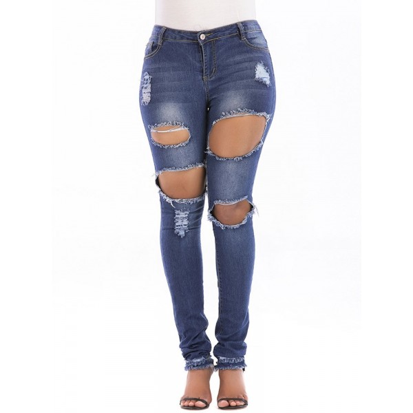 Fashion High Waist Elastic Distressed Jeans