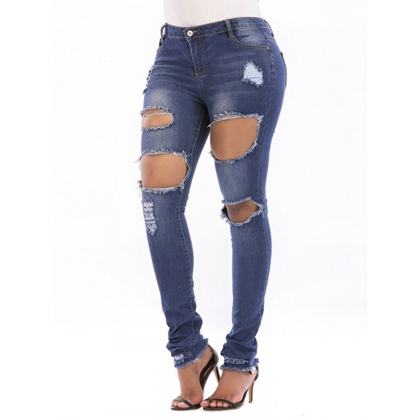 Fashion High Waist Elastic Distressed Jeans