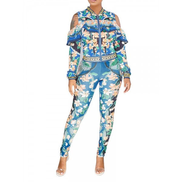 Contrast Floral Zipper Suit