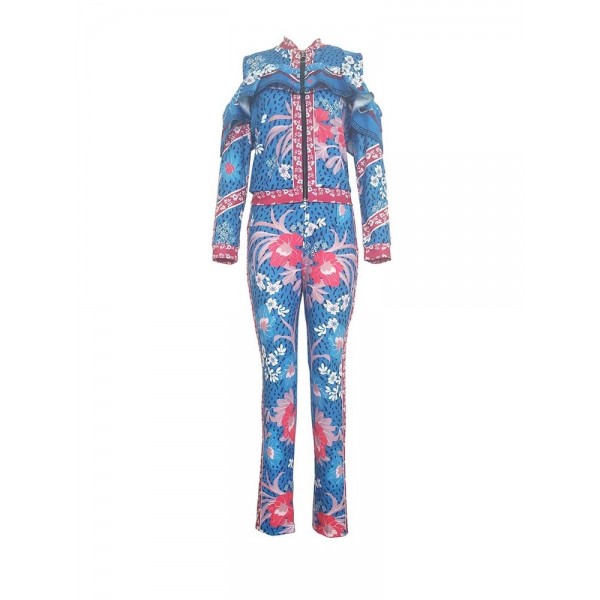 Contrast Floral Zipper Suit