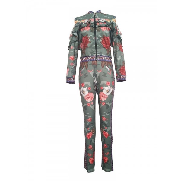 Contrast Floral Zipper Suit
