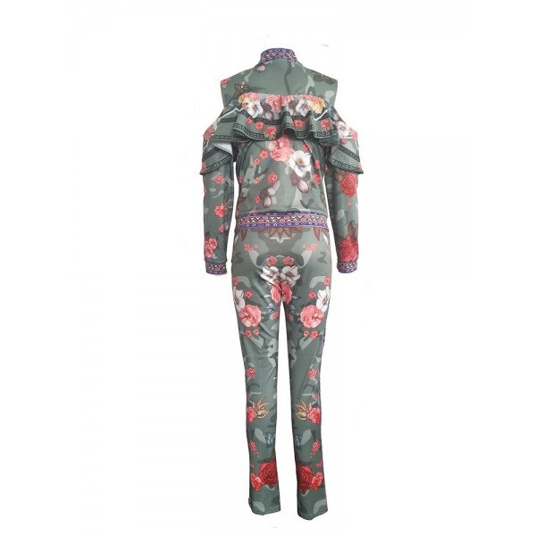 Contrast Floral Zipper Suit