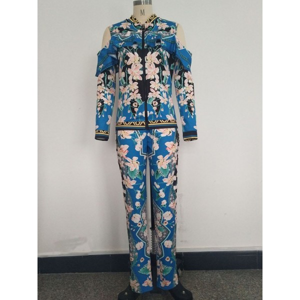 Contrast Floral Zipper Suit